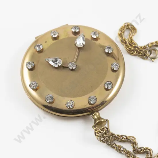 Mid 20th Century Gold Plated Rhinestone Powder Compact Pendant