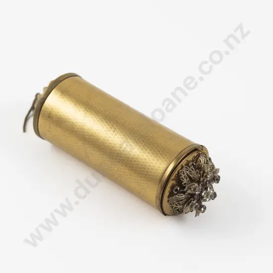 1950s Gold Plated Clear and Purple Rhinestone Vanity Cylinder