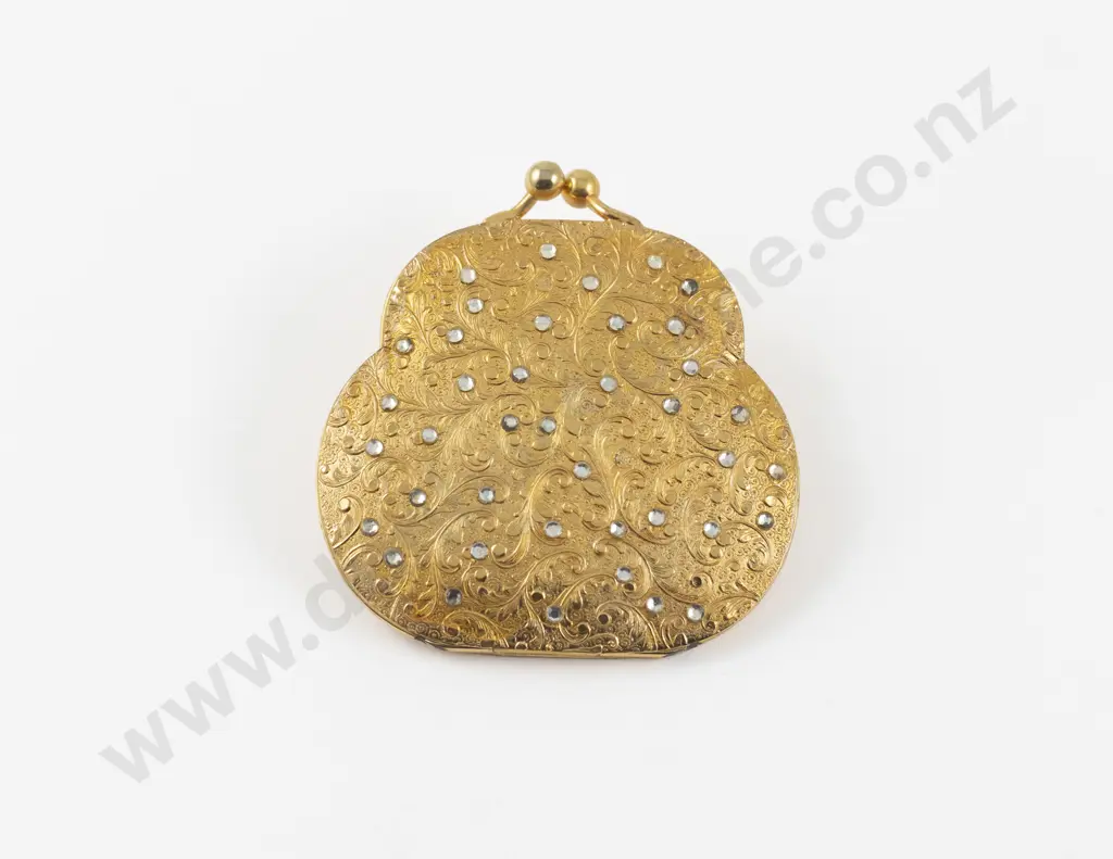Mid 20th Century Ornate Gold Plated and Rhinestone Powder Compact Image 1++