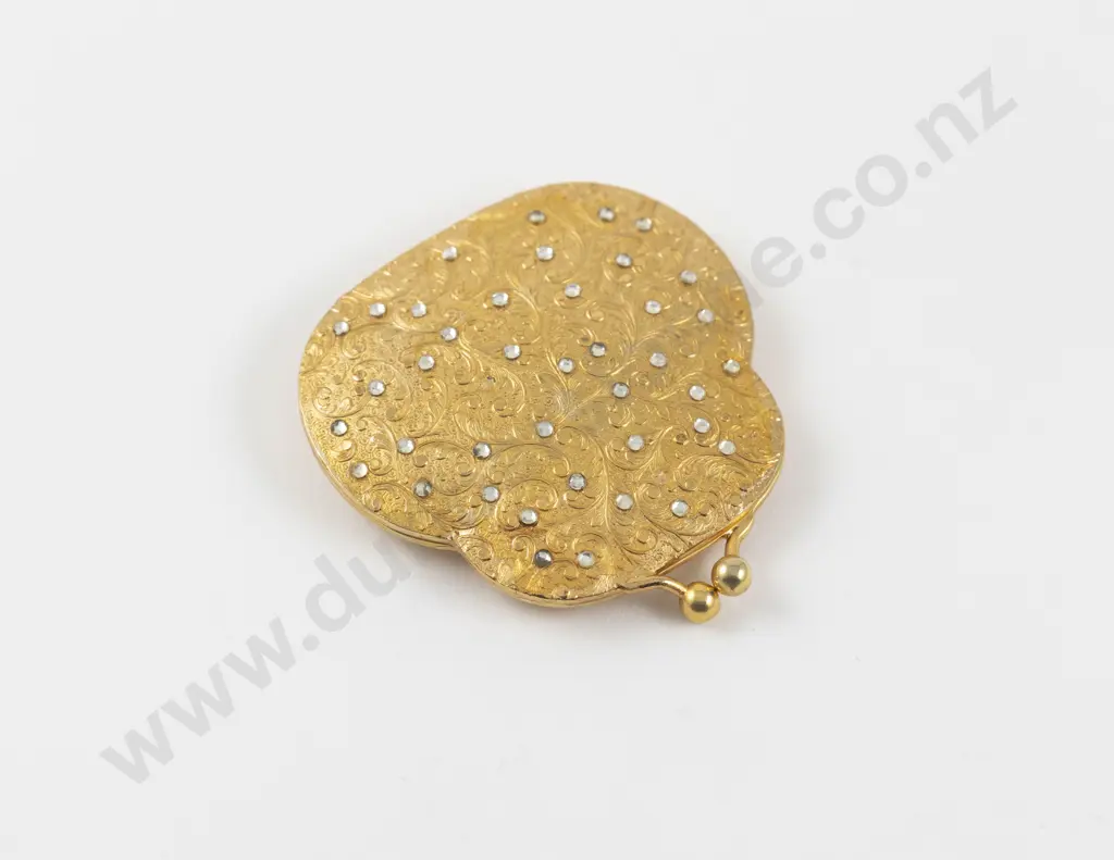 Mid 20th Century Ornate Gold Plated and Rhinestone Powder Compact Image 1++