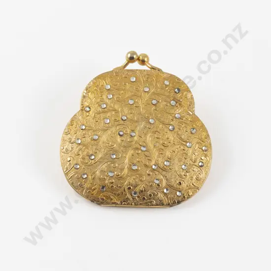 Mid 20th Century Ornate Gold Plated and Rhinestone Powder Compact