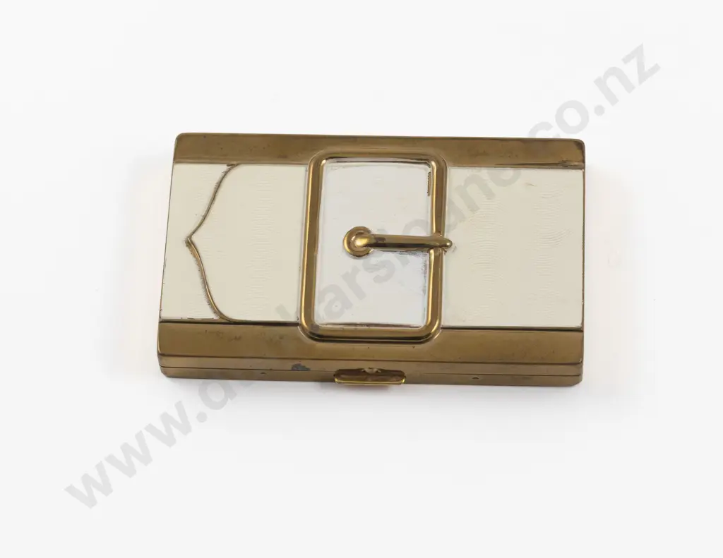 1950s Coty Textured White Enamel Double Vanity Buckle Compact Image 1++