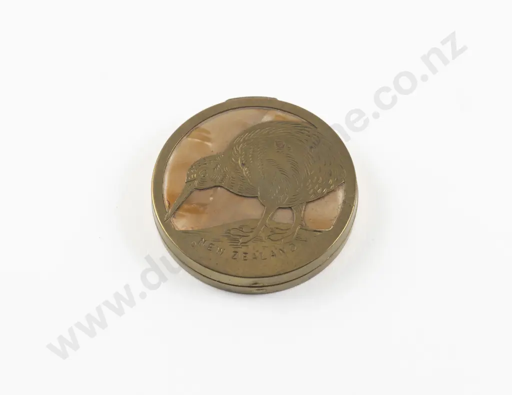 Vintage Sweet Petals Brass with Kiwi Emblem Souvenir Powder Compact Image 1++