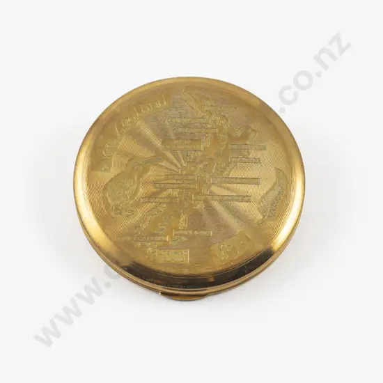 Vintage Kigu of London Gold Plated Map of New Zealand Souvenir Powder Compact