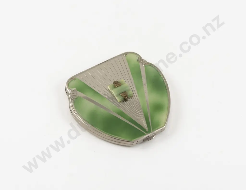 Art Deco Green Guilloche Enamel Fan Shape Powder Compact Image 1++