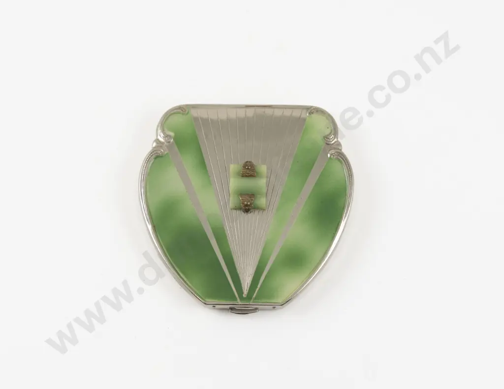 Art Deco Green Guilloche Enamel Fan Shape Powder Compact Image 1++