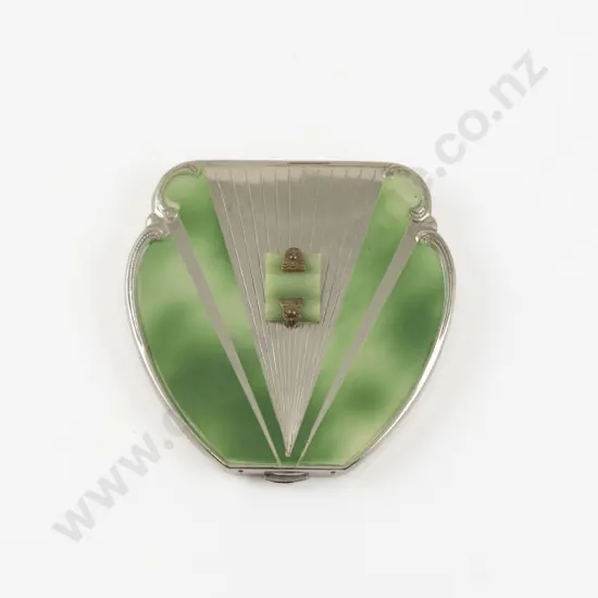 Art Deco Green Guilloche Enamel Fan Shape Powder Compact