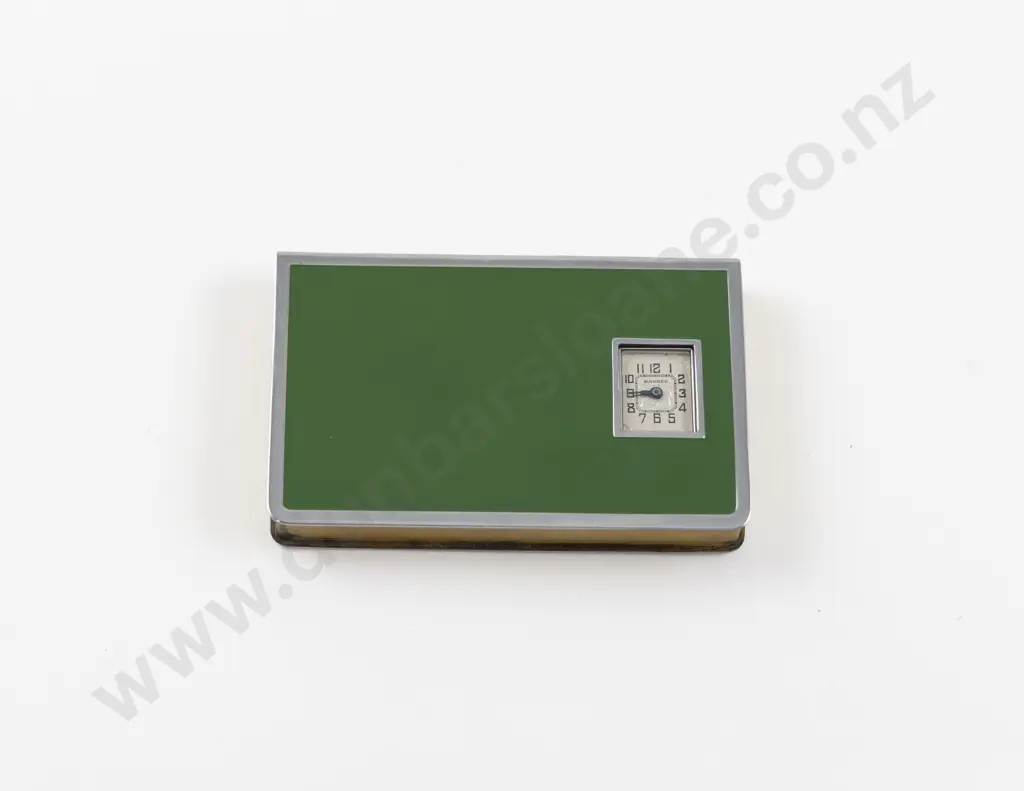Art Deco Green Enamel and Chrome Watch Powder Compact Image 1++