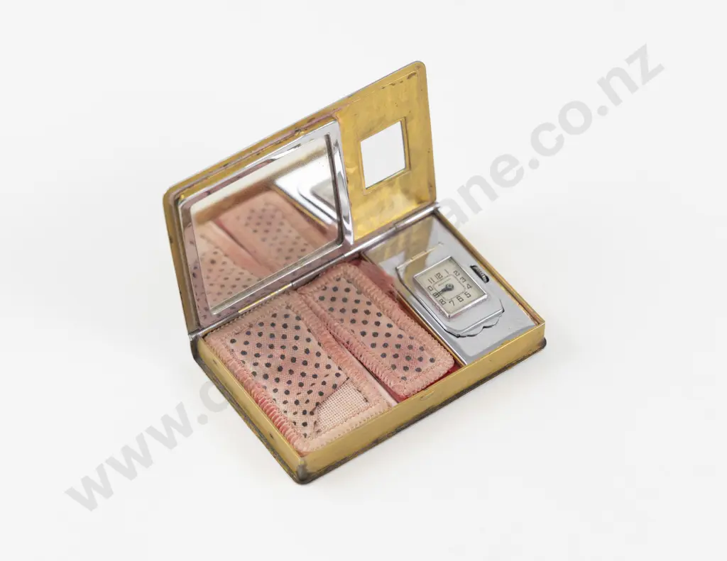Art Deco Green Enamel and Chrome Watch Powder Compact Image 1++