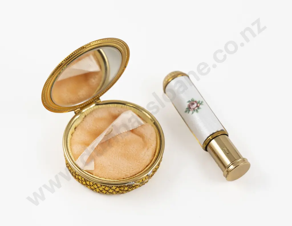 Art Deco Evans Company (American) White Guilloche Enamel Floral Powder and Lipstick Set Image 1++