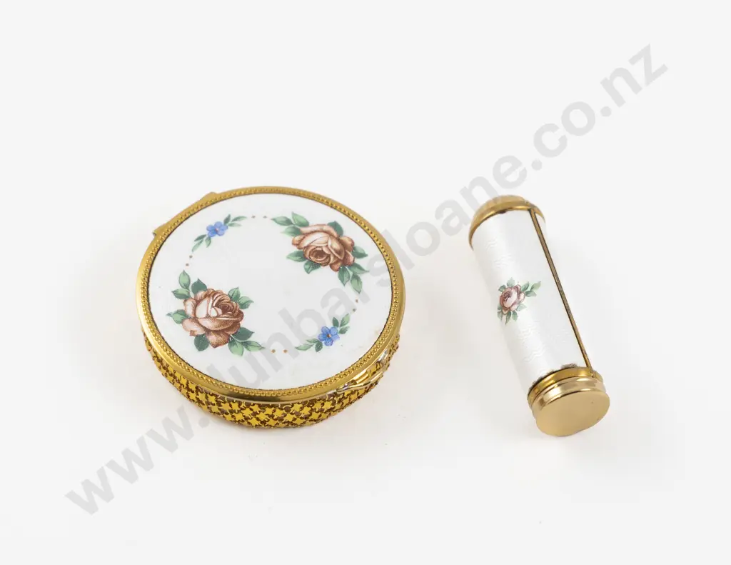 Art Deco Evans Company (American) White Guilloche Enamel Floral Powder and Lipstick Set Image 1++
