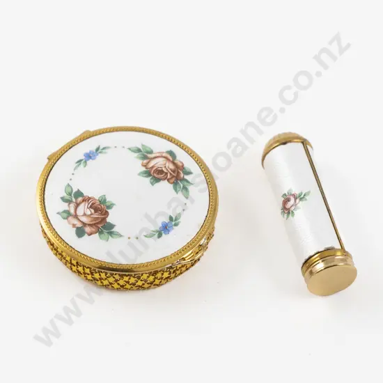 Art Deco Evans Company (American) White Guilloche Enamel Floral Powder and Lipstick Set