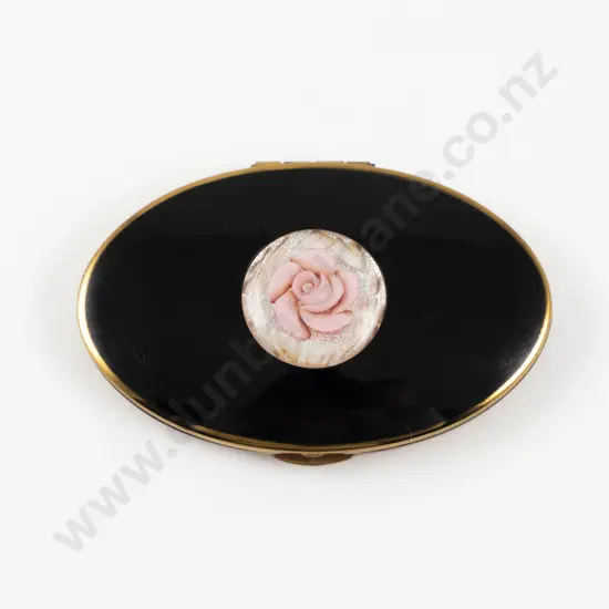Vintage Melissa Black Enamel and Carved Lucite Flower Powder Compact
