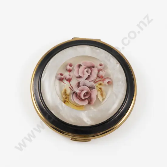 Vintage Melissa Black Enamel and Carved Lucite Floral Powder Compact
