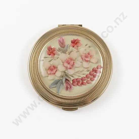 Vintage Kigu of London Gold Plated Carved Lucite Floral Powder Compact Compact