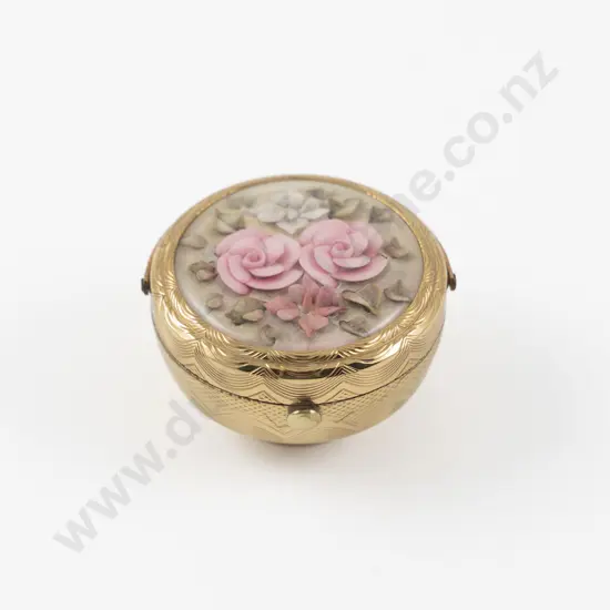 Vintage Kigu of London Gold Plated Carved Lucite Floral Powder Compact