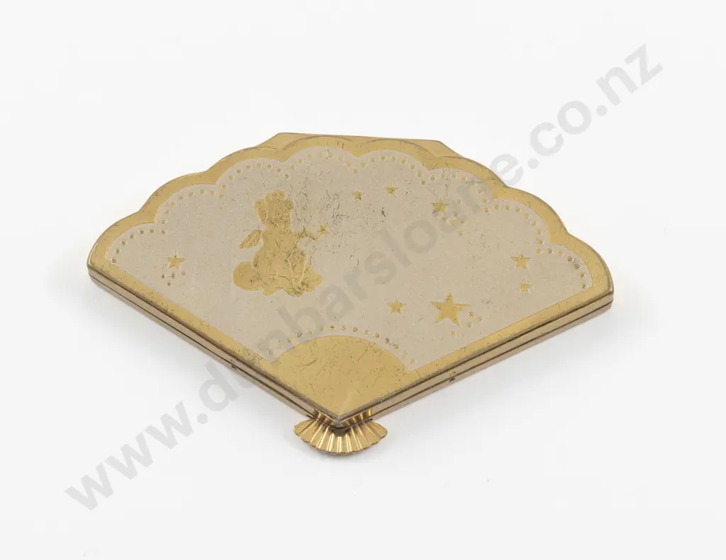 Vintage Henriette (American) Gold Plated Fan Shape Powder Compact Image 1++