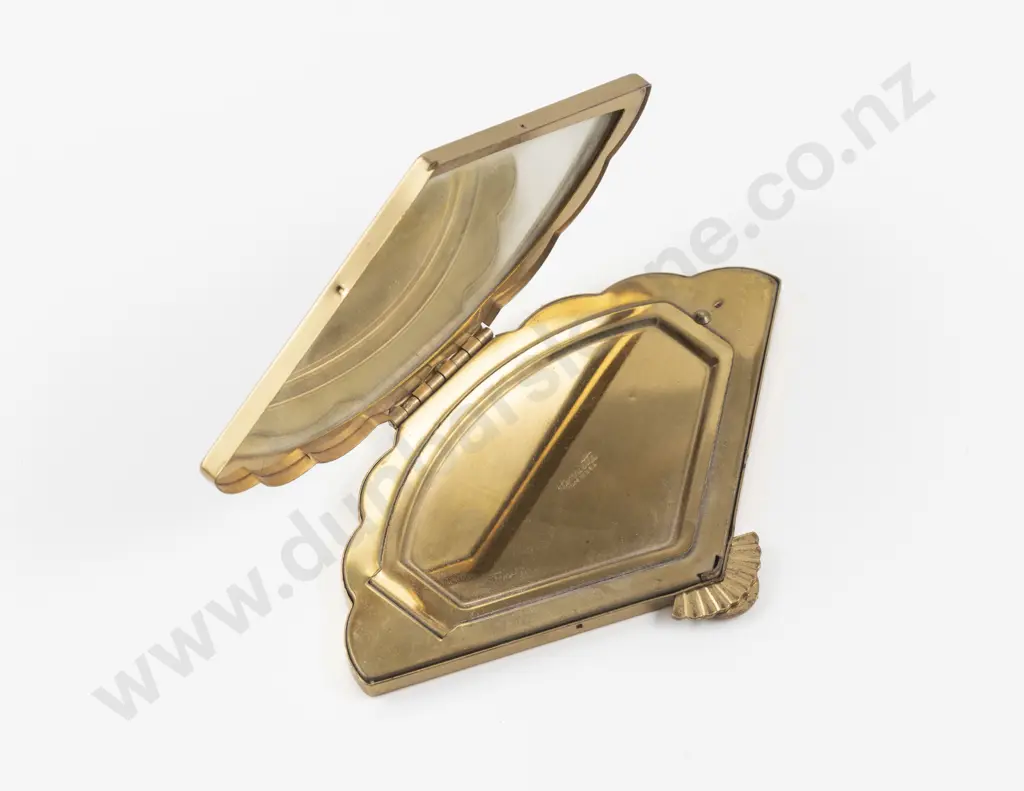 Vintage Henriette (American) Gold Plated Enamel Fan Shape Powder Compact Image 1++