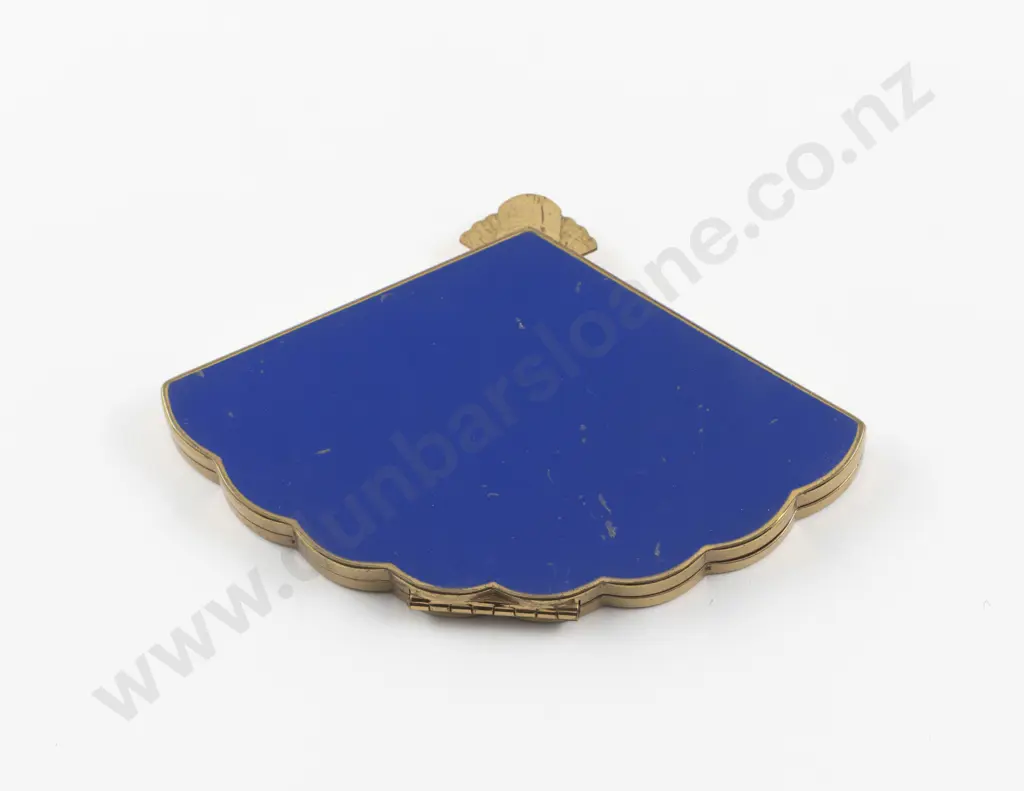 Vintage Henriette (American) Gold Plated Enamel Fan Shape Powder Compact Image 1++