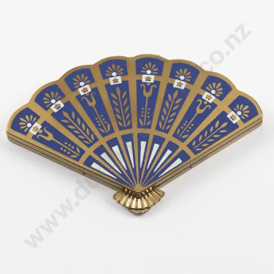 Vintage Henriette (American) Gold Plated Enamel Fan Shape Powder Compact