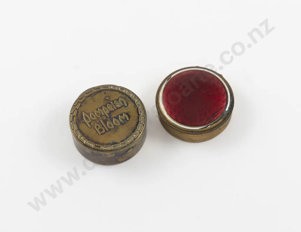 1920s Pompeian Bloom and Guilloche Enamel Brass Compact Tins Image 1++