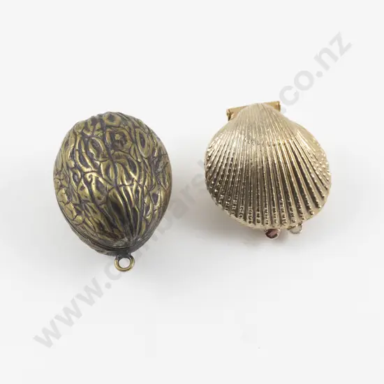 Vintage Gold Plated Clam Shell and Brass Walnut Vanity Compacts