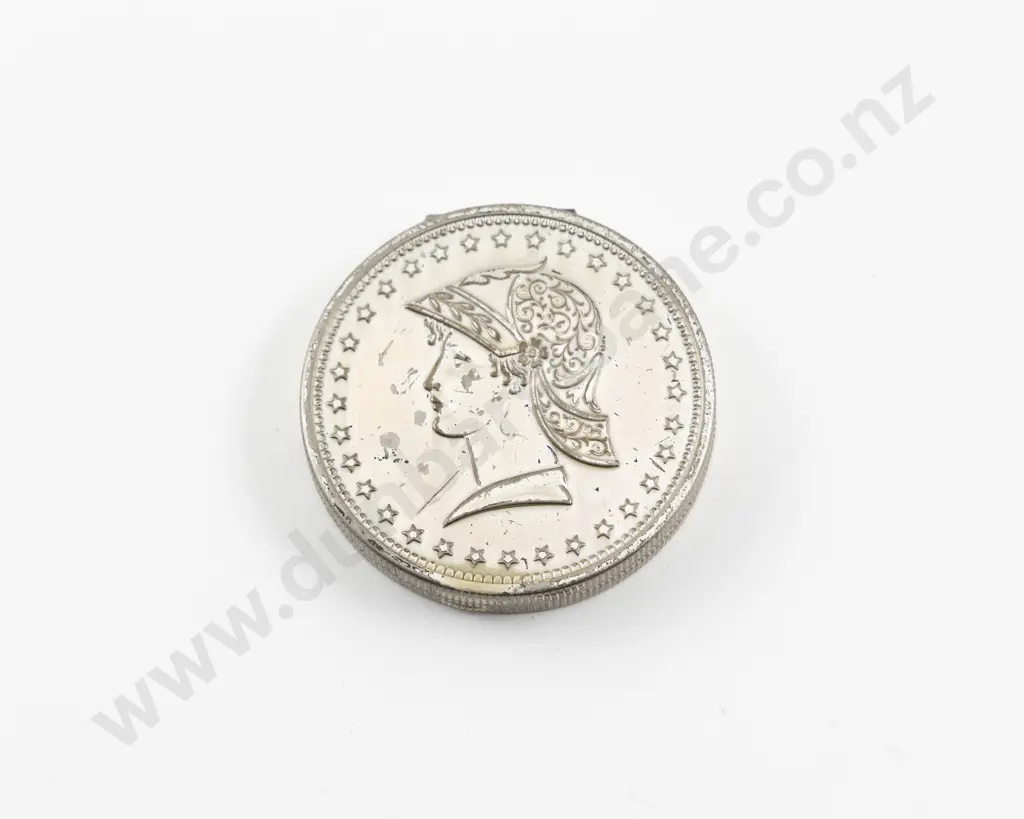 1950s Elgin American Silver Plated Classic Coin Powder Compact Image 1++