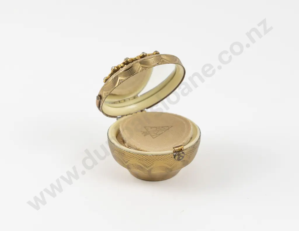 1950s Kigu of London Gold Plated Bouquet Jewelled Basket Powder Compact Image 1++