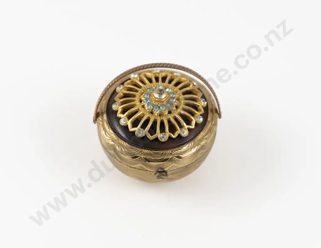 1950s Kigu of London Gold Plated Bouquet Jewelled Basket Powder Compact Image 1++