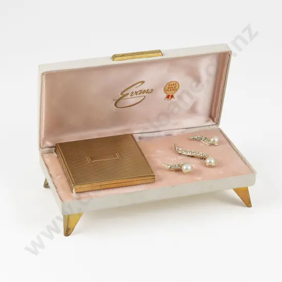 1950s Evans Case Company 24ct Gold Plated Powder Compact and Jewellery Gift Set
