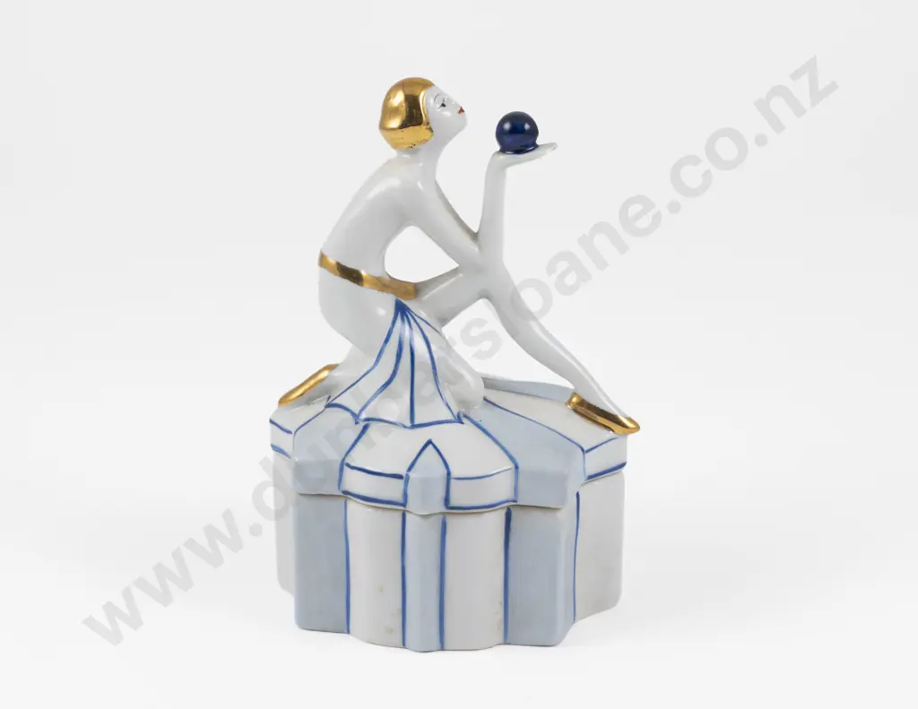 Art Deco German Porcelain Flapper Dressing Table Powder Box Image 1++