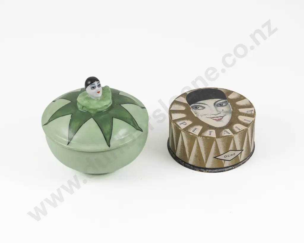 Art Deco German Porcelain Pierrot Dressing Table Powder Box Image 1++