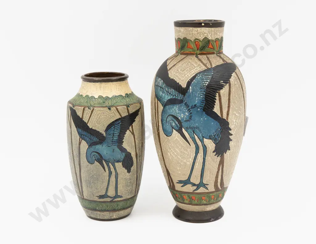 Two Bretby Vases with Incised Bird Decoration - Tallest 24.5cm H Image 1++