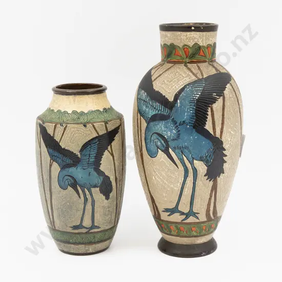 Two Bretby Vases with Incised Bird Decoration - Tallest 24.5cm H