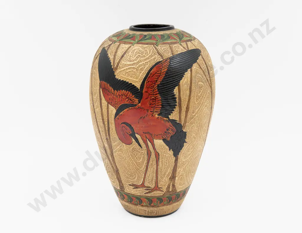 Large Bretby Vase with Incised Bird Decoration 32cm H Image 1++