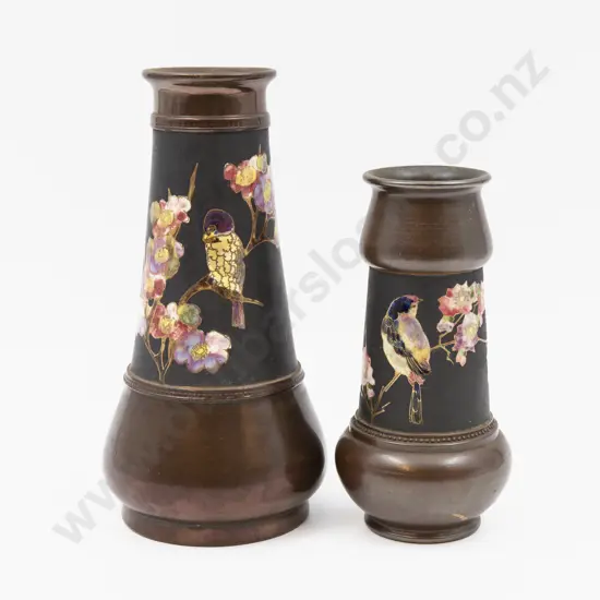 Two Bretby Bird & Blossom Decorated Vases Tallest 23.5cm H