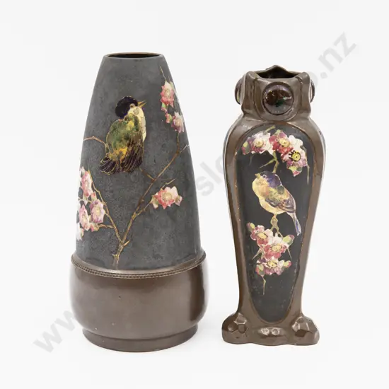 Two Bretby Bird & Blossom Decorated Vases Tallest 23.5cm H