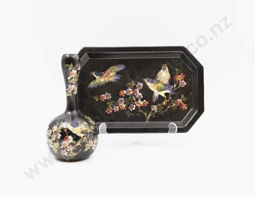 Two Bretby Bird & Blossom Decorated Vase & Platter 32cm L Image 1++