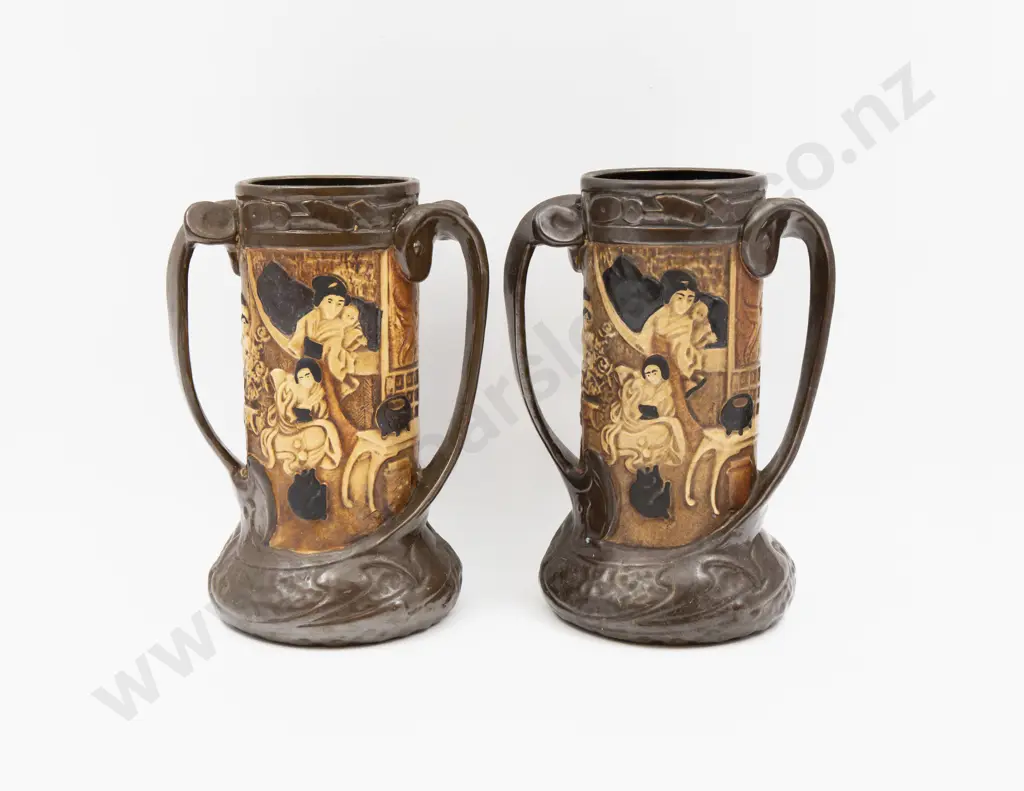 Two Bretby Relief Decorated Vases 25cm H & Pair Wall Plaques Image 1++