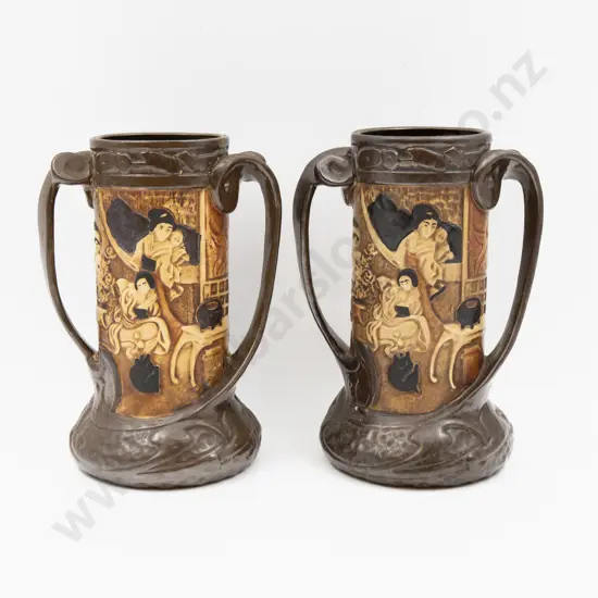 Two Bretby Relief Decorated Vases 25cm H & Pair Wall Plaques
