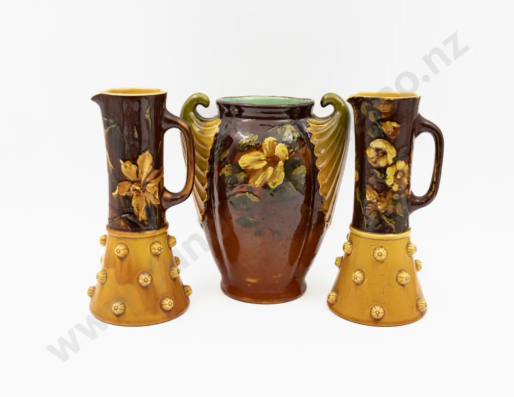Pair Bretby Floral Decorated Ewers & Vase Tallest 24.5cm H Image 1++