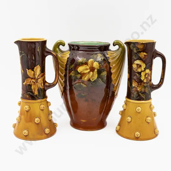 Pair Bretby Floral Decorated Ewers & Vase Tallest 24.5cm H
