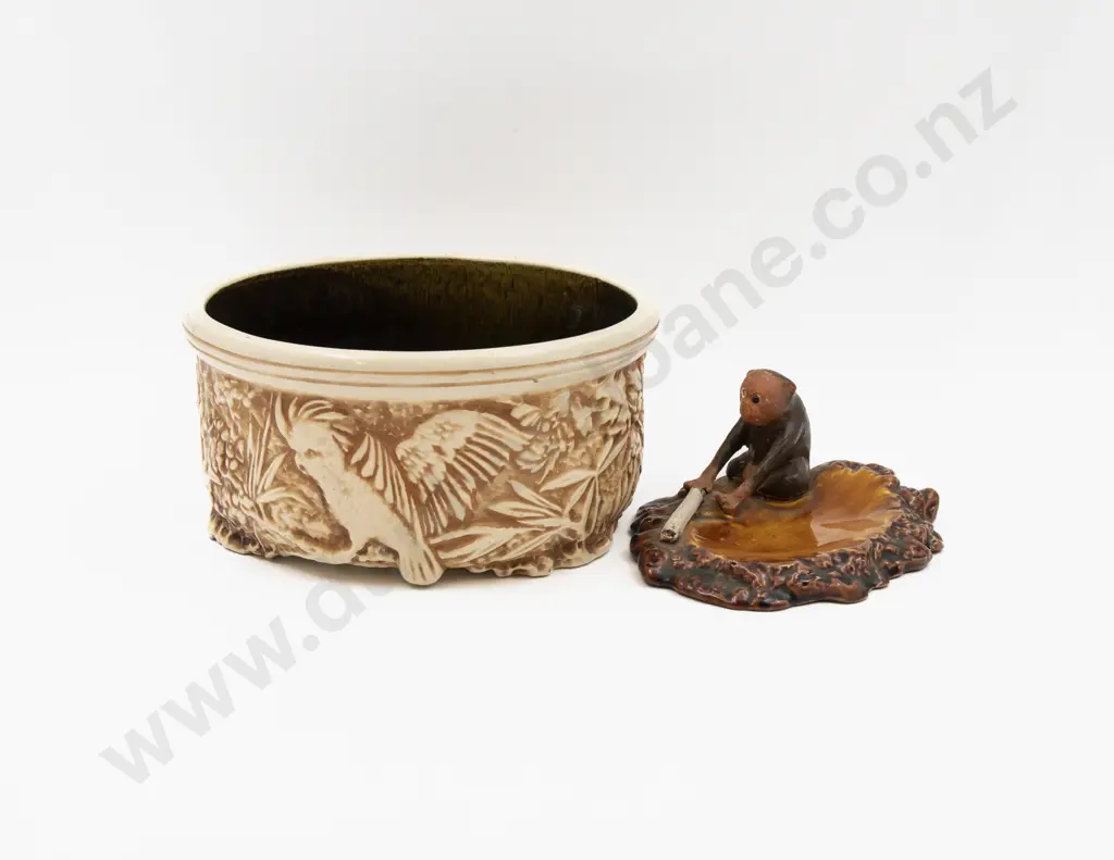 Bretby Relief Decorated Trough 22cm Dia & Figural Ashtray (a/f) Image 1++