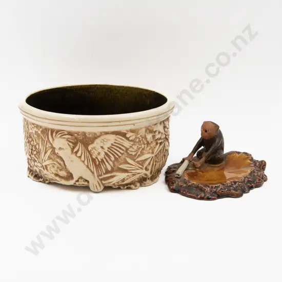 Bretby Relief Decorated Trough 22cm Dia & Figural Ashtray (a/f)