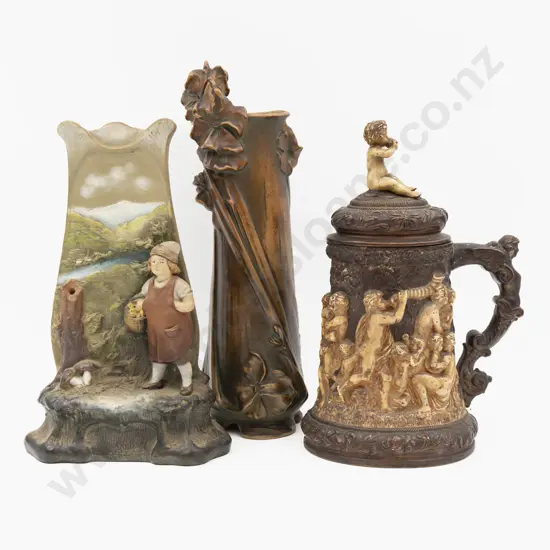 Two Decorative Vases & Lidded Tankard Tallest 36cm H