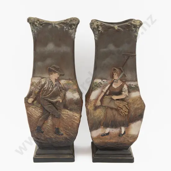 Pair Figural Decorated Mantel Vases 41.5cm H