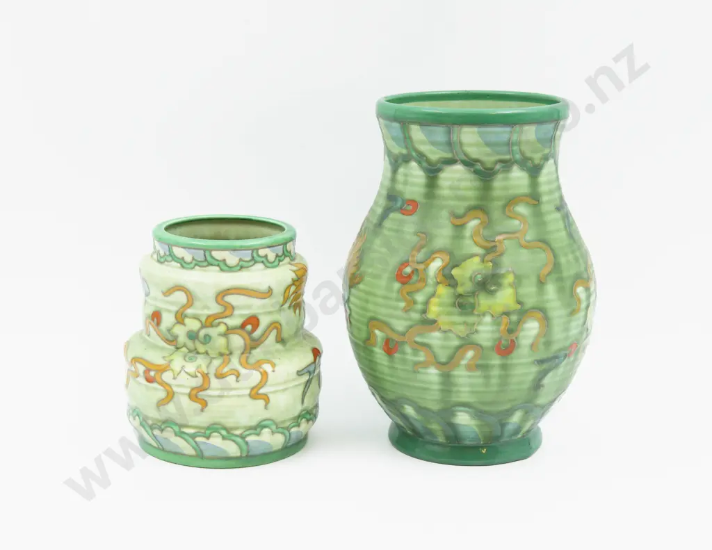 Two Charlotte Rhead Dragon Decorated Vases Tallest 21.5cm Image 1++