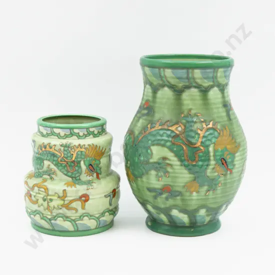 Two Charlotte Rhead Dragon Decorated Vases Tallest 21.5cm