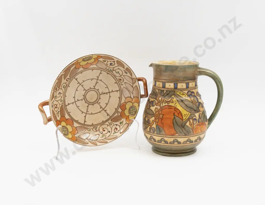 Charlotte Rhead Jug 18.5cm H & Shallow Footed Bowl Image 1++