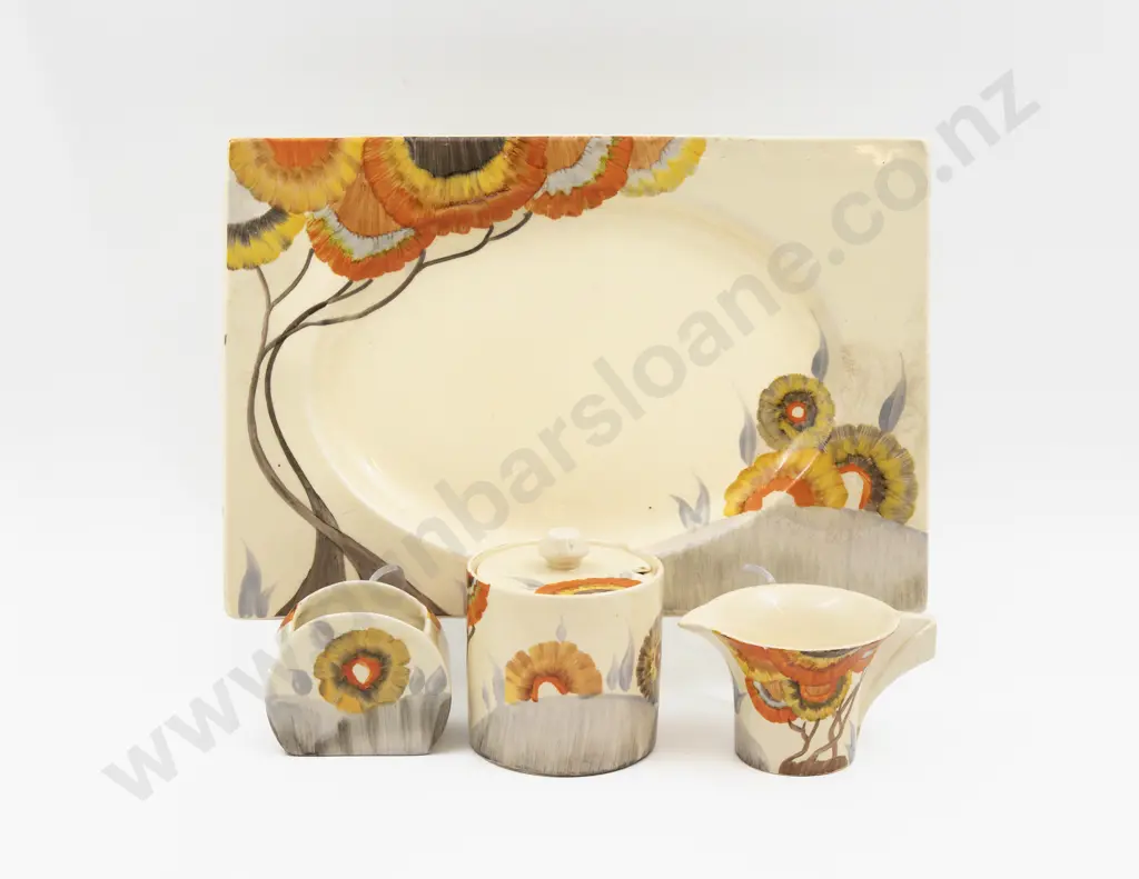 Four Pieces Clarice Cliff Bizarre Hand Painted 'Rhodanthe' Pattern Image 1++